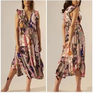Anthropologie Ruffled Patchwork Flutter Sleeve Midi Dress in Multicolor